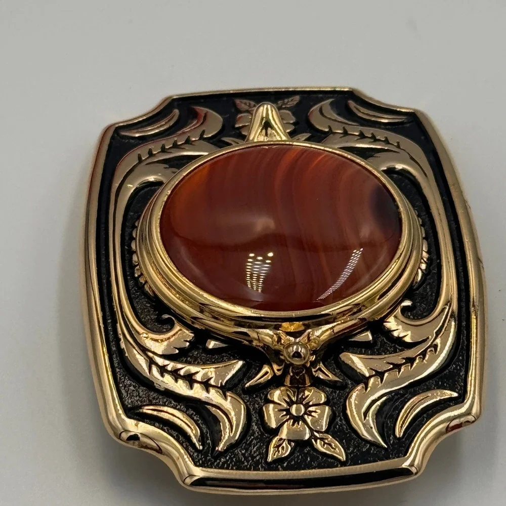 Vintage Western Belt Buckle Gold Tone Faux Carnelian Agate Floral Made in USA